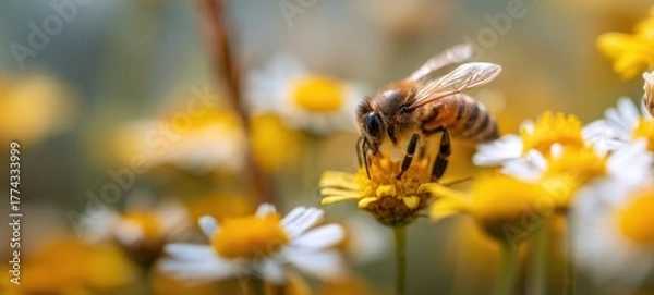 Obraz The Bee Pollinating Yellow Daisy Flowers in a Sunlit Wildflower Meadow Closeup