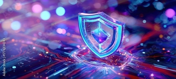 Fototapeta The Shield Emblem Representing Cybersecurity Protection on Futuristic Circuit Board Background