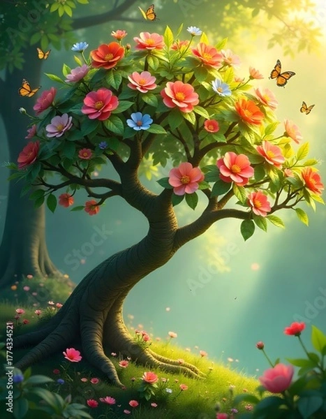 Fototapeta A bright, blooming tree filled with colorful flowers under warm sunlight, surrounded by butterflies in a peaceful, dreamy landscape.