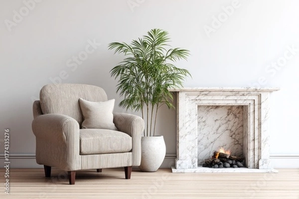 Fototapeta Comfortable armchair sits beside a marble fireplace with a lit fire.