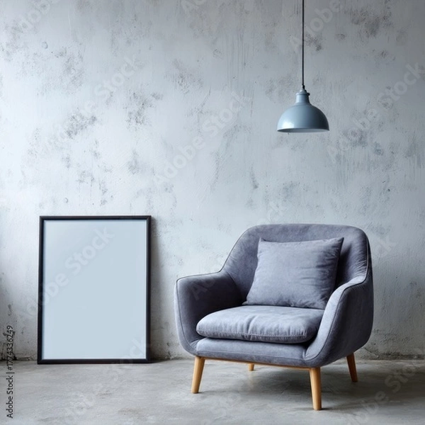 Fototapeta Gray armchair with picture frame and hanging lamp against textured wall.