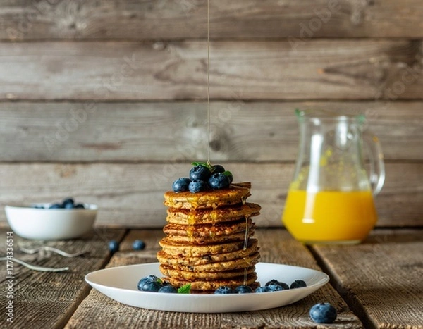 Fototapeta Delicious Stack of Pancakes with Fresh Blueberries and Syrup on a Rustic Wooden Table