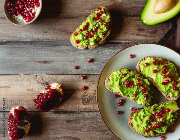Obraz Delicious avocado toast garnished with fresh pomegranate seeds and served on a rustic wooden table, a healthy and vibrant meal