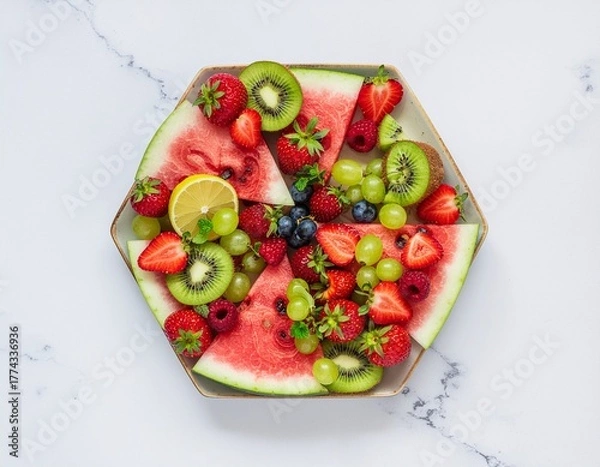 Fototapeta A vibrant top-down view of a fresh summer fruit platter featuring watermelon, kiwi, strawberries, and mixed berries on a white marble background