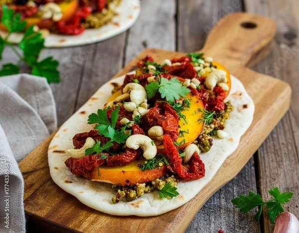 Fototapeta Rustic flatbread topped with sweet peaches, sun-dried tomatoes, and cashews, garnished with fresh herbs, offering a delightful blend of flavors for a healthy meal