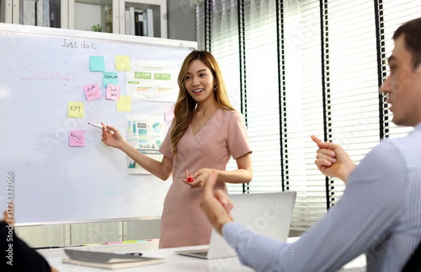 Fototapeta Happiness business partnership teamwork meeting and working at desk at meeting room.