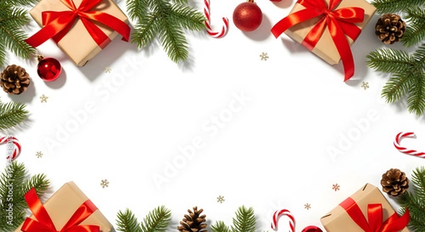 Fototapeta Festive Christmas border with gifts, pinecones, ornaments, candy canes, and fir branches on white background