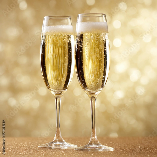Fototapeta Two elegant champagne flutes sparkle with golden bubbles against a luxurious blurred festive background.