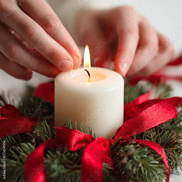 Fototapeta Lighting a candle on advent wreath with festive evergreen and red ribbon evokes peaceful holiday traditions.