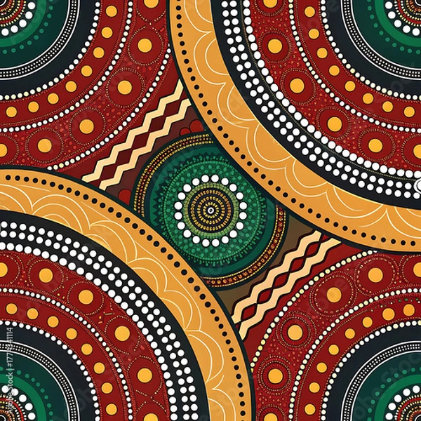 Fototapeta Aboriginal art painting with traditional symbols and patterns in earth tones