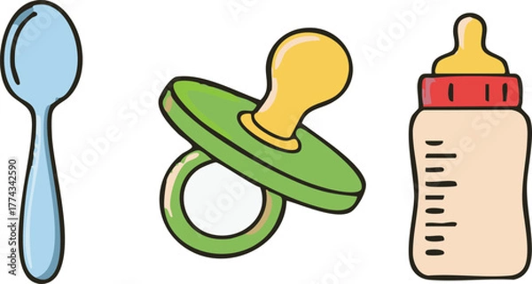 Obraz Baby feeding essentials including a spoon, pacifier, and bottle arranged in a row on a white surface representing childhood and care.