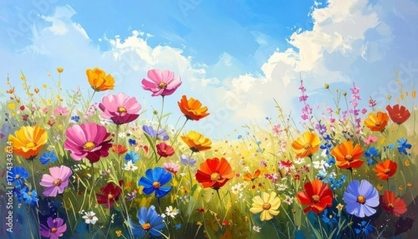Obraz Vibrant gouache illustration of a cheerful wildflower meadow blooming under a serene blue sky, capturing the joyous essence of nature's beauty in full spring splendor