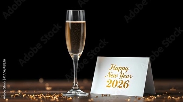 Fototapeta Elegant New Year 2026 Celebration Scene with Champagne Glass, Gold and Blue Bokeh Lights, Glitter Confetti, and Black Greeting Card, Symbolizing Joy, Luxury, and Festivity.