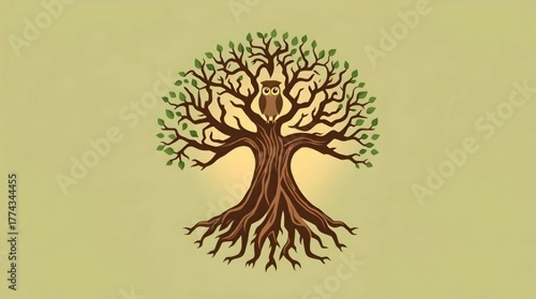 Fototapeta Tree of Life Illustration with Owl Symbolizing Wisdom, Growth, and Connection, Detailed Roots and Branches in Classic Nature Design Representing Knowledge, Strength, and Interconnectedness of Life.