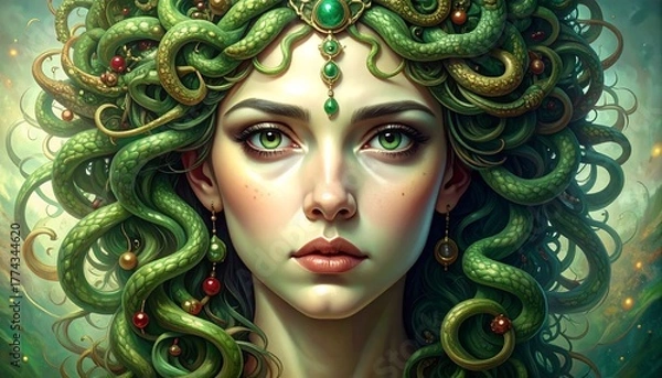 Obraz Mystical portrait of an ethereal woman with intricate green serpentine hair adorned with shimmering emerald jewels, her gaze holding ancient secrets