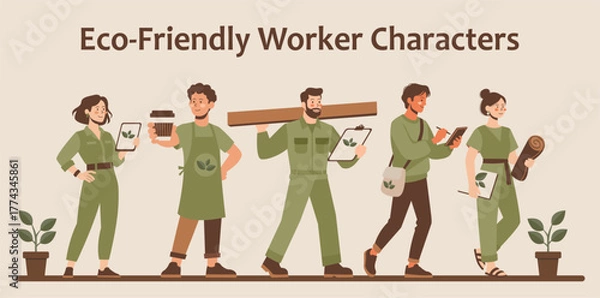 Fototapeta Set of five eco-friendly worker characters in cartoon style with cream background and potted plants, promoting green and sustainable work.