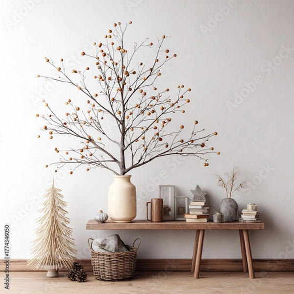 Fototapeta Minimalist autumn home decor featuring a branch arrangement and cozy textures creates a warm inviting atmosphere.