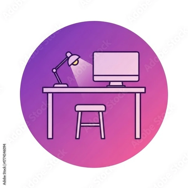 Fototapeta Modern office desk illustration with computer lamp and chair in circle