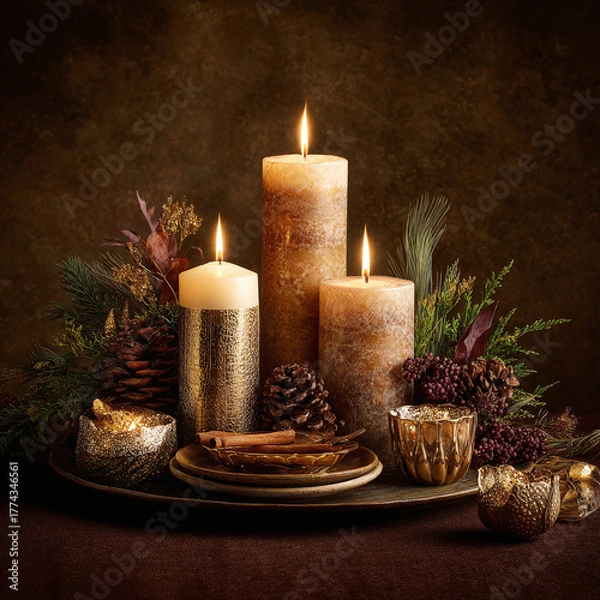 Obraz Warm glowing candlelight illuminates a festive winter holiday still life with natural pinecones and golden accents.