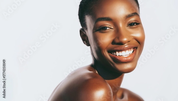 Fototapeta Close up of a smiling African woman's face with smooth glowing skin Happy