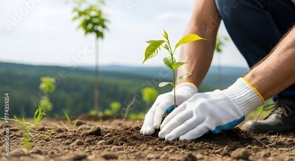 Fototapeta Close up planting some tree seedlings hands wearing white gloves in fertile land with forest hills in the background