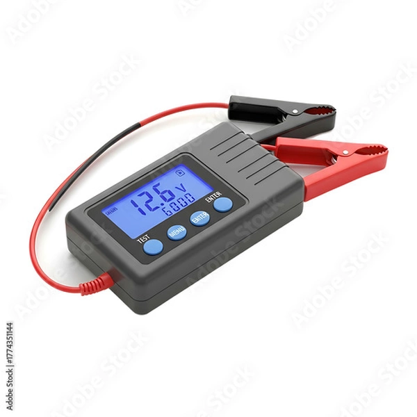 Fototapeta A digital automotive device, with red and black clamps attached, displays a voltage reading on a blue screen, used for testing