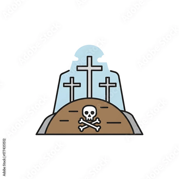 Fototapeta A flat-design graphic depicting a graveyard scene with three crosses rising above a tomb. A skull and crossbones is shown