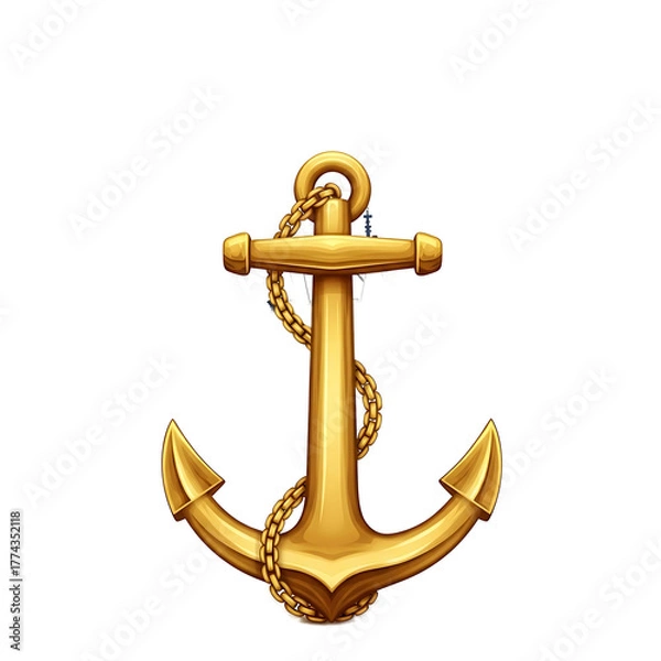 Fototapeta A golden, ornate anchor with a rope wrapped around it, set against a stark black background. It appears to be a digital illustration