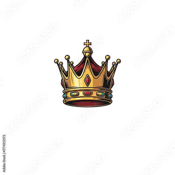Fototapeta A golden, ornate crown with jewels sits centered against a black background. Its design features red velvet and sparkling gems