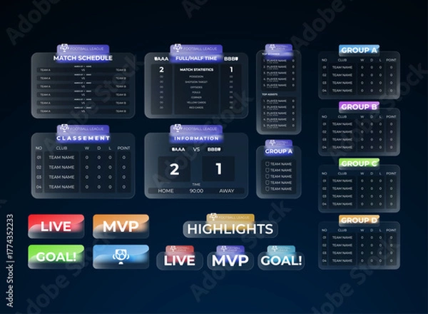 Fototapeta Football league glassmorphism UI with dark background, glowing panels, and match scoreboard, team stats, and live notification elements for sports app design.