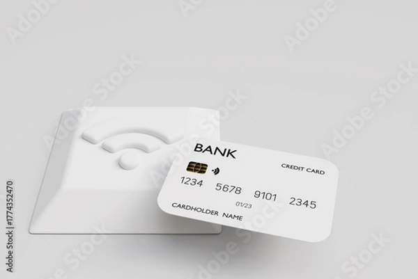 Fototapeta White Credit Card with Wifi on white background, Contactless payment nfc technology, 3d render
