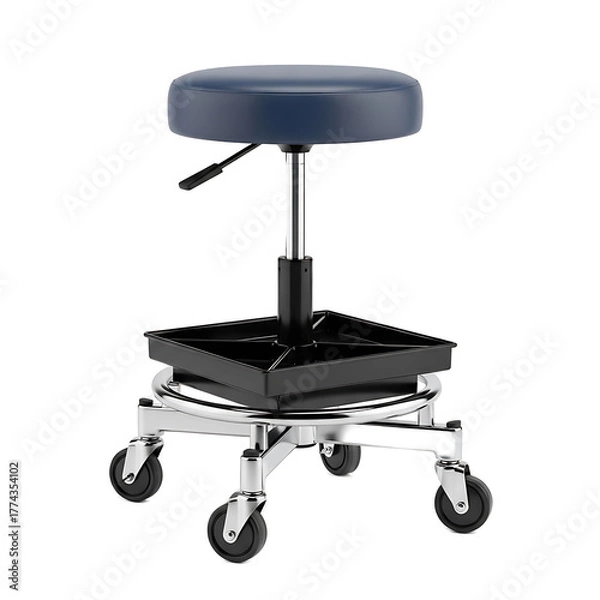 Fototapeta A modern adjustable stool with a dark blue cushioned seat, chrome legs, and rolling casters, isolated on a black background