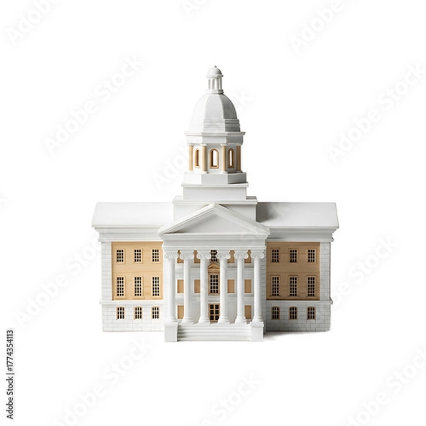 Fototapeta A miniature white building with a central dome, pillars, and several windows on a stark black background