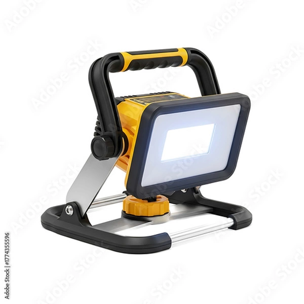 Fototapeta A portable, bright work light with a black and yellow color scheme, featuring a sturdy handle and adjustable stand