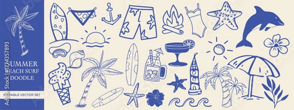 Obraz Hand drawn Summer Beach, Surf, and Tropical Doodles with Elements like Palm Trees, Ice Cream, Surfboards, and Sun