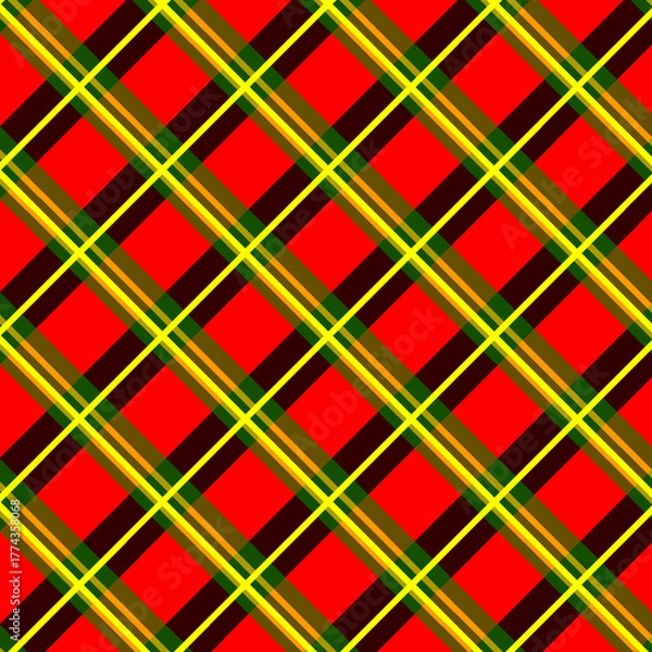 Fototapeta Vivid diagonal tartan plaid pattern with red base and bright yellow-green and brown lines