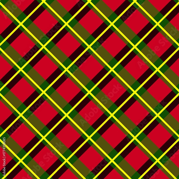 Fototapeta Diagonal tartan plaid pattern with vibrant yellow-green lines on red and green background