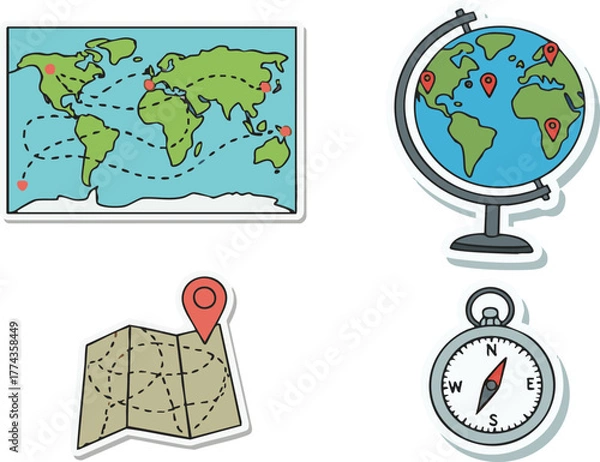 Obraz World map, globe, folded map, and compass representing travel planning and exploration in a bright, cheerful style.