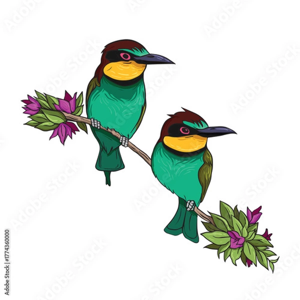 Fototapeta Two Colorful European Bee-Eater Birds on a Flowering Branch Illustration