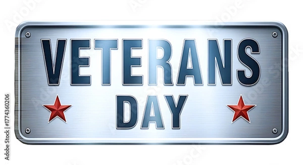 Fototapeta Patriotic tribute for Veterans Day on a riveted metallic plaque. Industrial style banner with blue text and red stars honoring military service