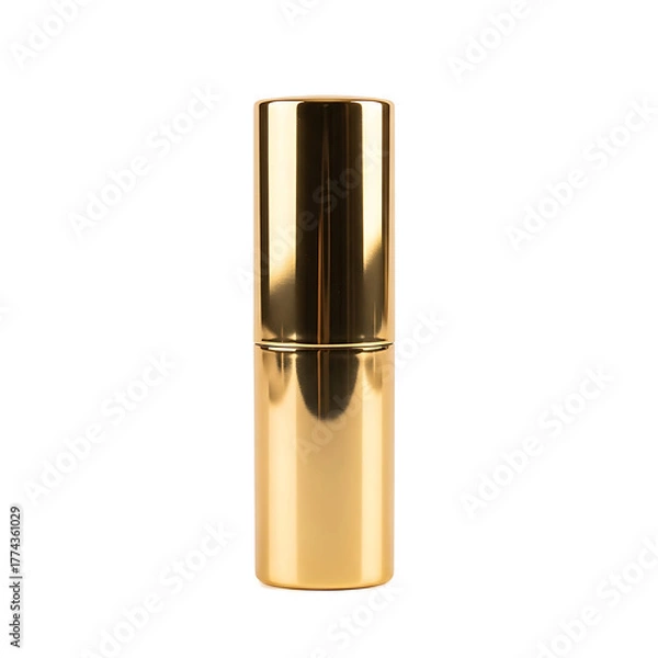 Fototapeta A vertical, golden cylinder makeup product isolated against a stark black background. The metallic surface reflects light