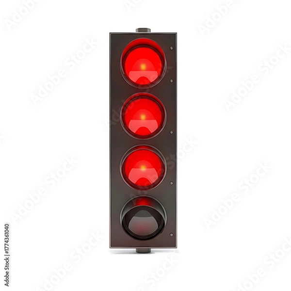 Fototapeta A vertically-oriented, three-light signal with each illuminated lens projecting a strong red glow against a dark background