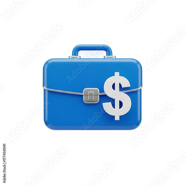 Fototapeta A vibrant, 3D rendered image of a blue briefcase featuring a prominent white dollar sign on its exterior, set against a black backdrop