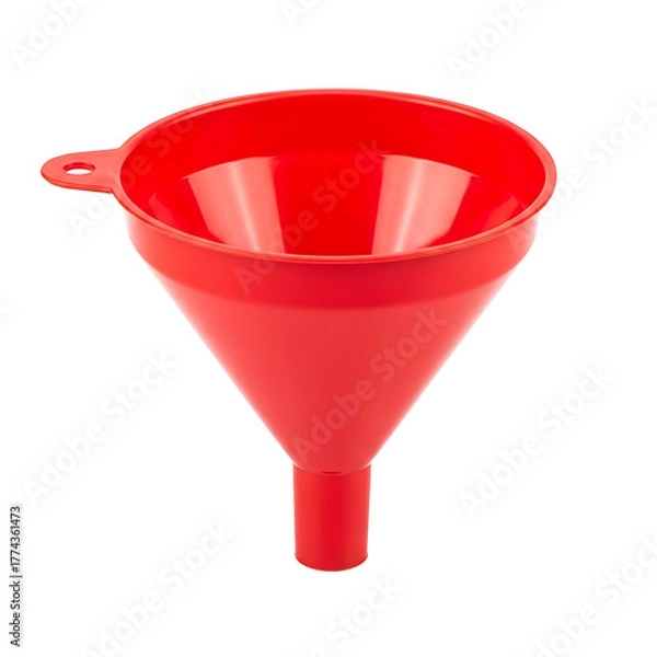 Fototapeta A vibrant, close-up shot of a bright red, plastic funnel. The cone-shaped tool features a wide opening, a handle, and a slender spout