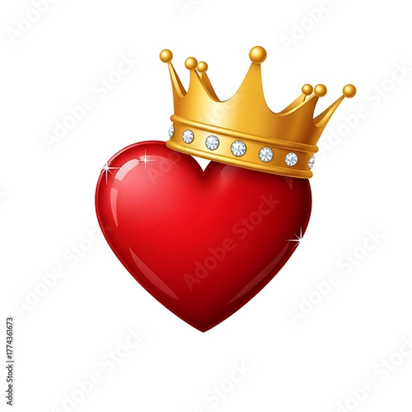 Fototapeta A vibrant, glossy red heart is topped with a detailed, golden crown adorned with sparkling jewels, set against a dark background