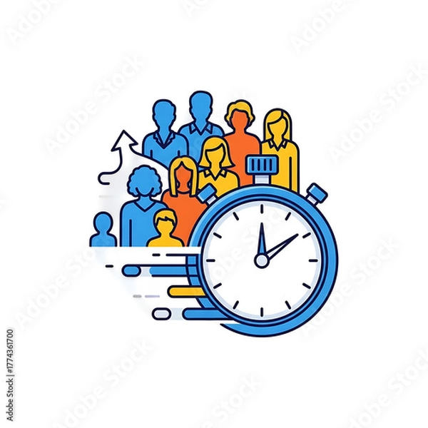 Fototapeta A vibrant graphic depicts a diverse group of people beside a stopwatch, symbolizing teamwork and efficiency