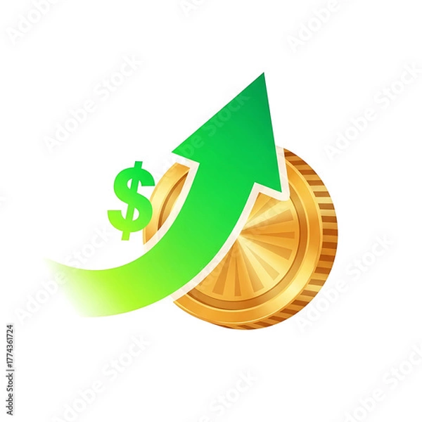 Fototapeta A vibrant graphic depicts financial growth. A green upward arrow ascends near a gold coin and a dollar sign, all against a stark black background