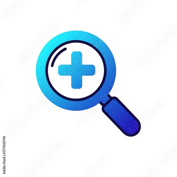 Fototapeta A vibrant, graphical representation of a magnifying glass containing a bright blue plus sign, set against a stark black background