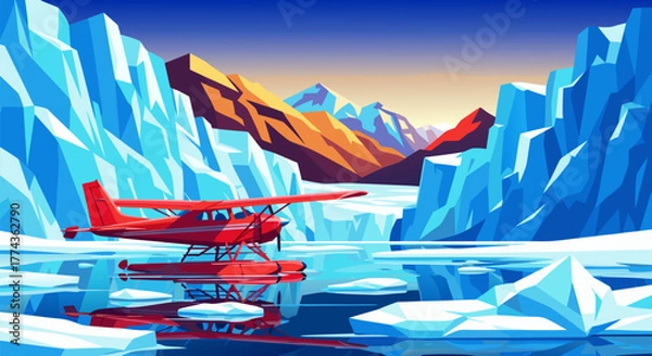 Fototapeta Scenic illustration of a red seaplane parked on calm water surrounded by icebergs and mountains at sunset