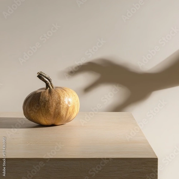 Fototapeta 神秘的な手のシルエットの影が付いたミニマリストなカボチャの構成。